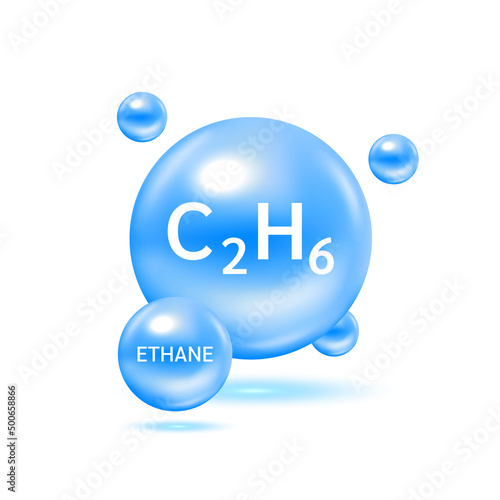 Ethane gas molecule models and Physical chemical formulas. Natural gas combustible gaseous fuel. Ecology and biochemistry science concept. Isolated on white background. 3D Vector Illustration. photo