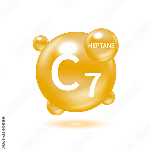 Heptane gas (C7H16) molecule models and Physical chemical formulas. Natural gas combustible gaseous fuel. Ecology and biochemistry science concept. Isolated on white background. 3D Vector Illustration