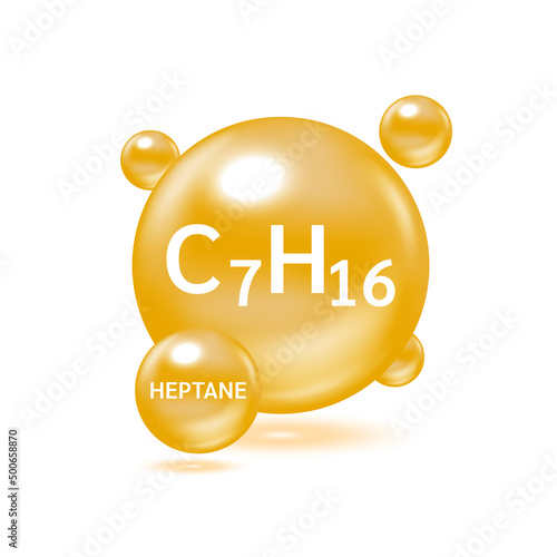 Heptane gas (C7H16) molecule models and Physical chemical formulas. Natural gas combustible gaseous fuel. Ecology and biochemistry science concept. Isolated on white background. 3D Vector Illustration