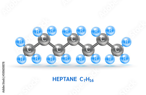 Heptane gas (C7H16) molecule models and Physical chemical formulas. Natural gas combustible gaseous fuel. Ecology and biochemistry science concept. Isolated on white background. 3D Vector Illustration