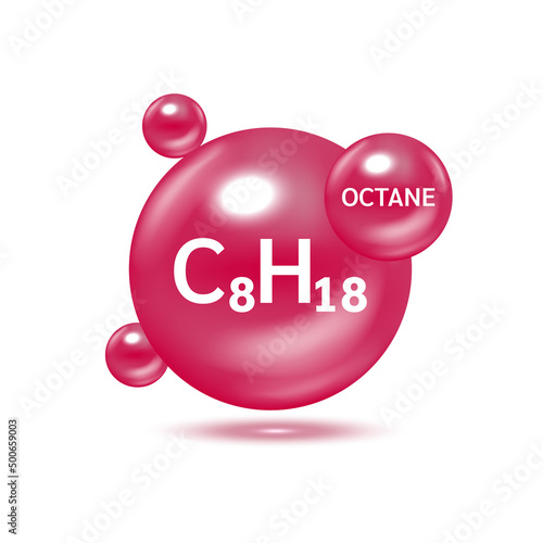 Octane gas (C8H18) molecule models and Physical chemical formulas. Natural gas combustible gaseous fuel. Ecology and biochemistry science concept. Isolated on white background. 3D Vector Illustration.