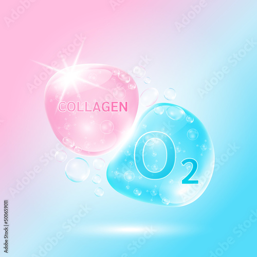 Oxygen bubble and Collagen pink for skin care. Vitamins complex hyaluronic acid moisturizing from nature. Beauty treatment nutrition skin care design. Medical concepts. 3D Vector.
