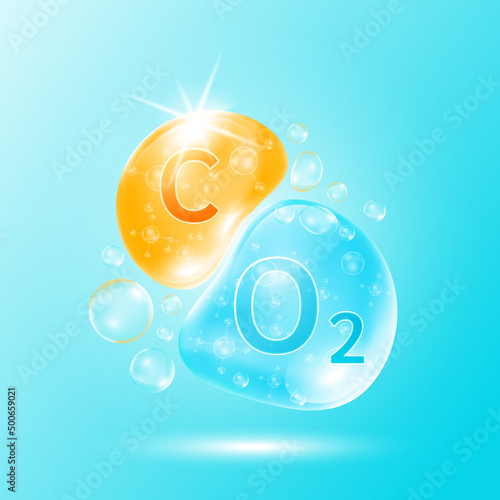 Oxygen bubble and Vitamin C for skin care. Vitamins complex hyaluronic acid moisturizing collagen from nature. Beauty treatment nutrition skin care design. Medical concepts. 3D Vector.