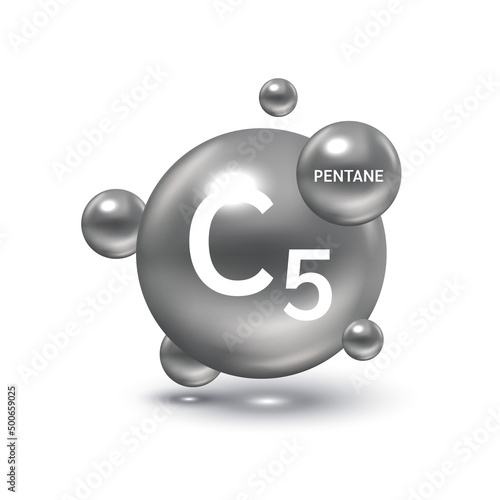 Pentane gas (C5H12) molecule models and Physical chemical formulas. Natural gas combustible gaseous fuel. Ecology and biochemistry science concept. Isolated on white background. 3D Vector Illustration photo
