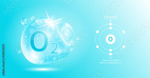 Drop water oxygen O2 molecule bubbles blue and chemical formulas. Natural gas. Electron diagram. Chemical element and atomic number. Ecology and biochemistry concept. 3D Vector Illustration.