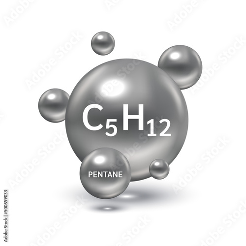Pentane gas (C5H12) molecule models and Physical chemical formulas. Natural gas combustible gaseous fuel. Ecology and biochemistry science concept. Isolated on white background. 3D Vector Illustration
