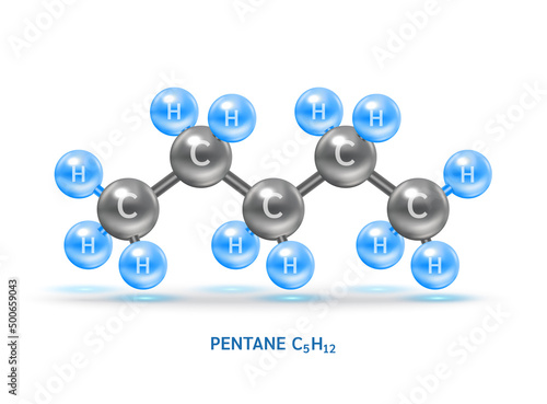 Pentane gas (C5H12) molecule models and Physical chemical formulas. Natural gas combustible gaseous fuel. Ecology and biochemistry science concept. Isolated on white background. 3D Vector.