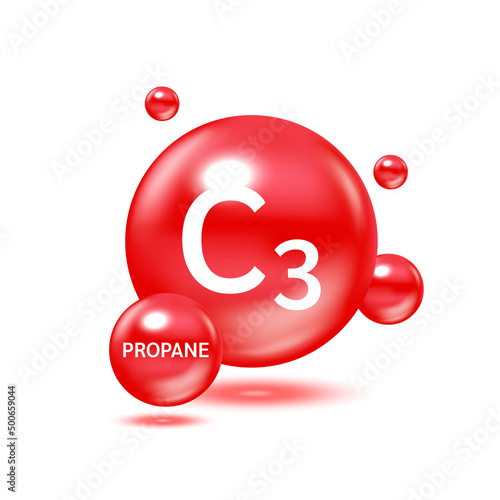 Propane gas molecule models red and Physical chemical formulas high flammability. Natural gas gaseous fuel. Ecology and biochemistry science concept. Isolated on white background. 3D Vector.