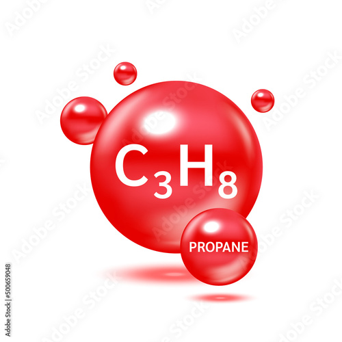 Propane gas molecule models red and Physical chemical formulas high flammability. Natural gas gaseous fuel. Ecology and biochemistry science concept. Isolated on white background. 3D Vector.