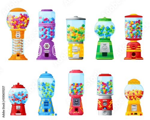 Gumball machine, candy bubble gum or bubblegum balls vending machine, cartoon vector. Gumball machine with coin slot and chewing gums of kids sweets in gashapon glass capsule dispenser