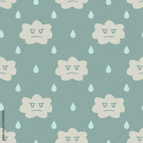 Cute Grumpy Rain Clouds Seamless Repeat Design