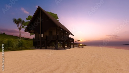 tropical wooden house on the beach afternoon atmosphere