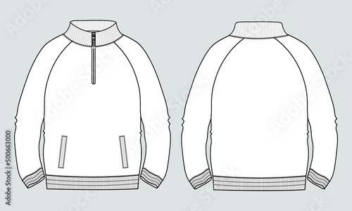 Long sleeve jacket with pocket and zipper technical fashion flat sketch vector illustration template front and back views. Fleece jersey sweatshirt jacket for men's and boys.
