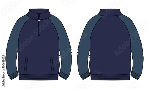 Two tone navy blue Color Long sleeve jacket with pocket and zipper technical fashion flat sketch vector illustration template front, back views. Fleece jersey sweatshirt jacket for men's and boys