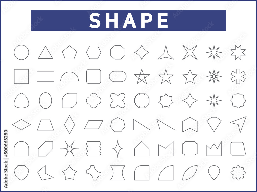 Set of shape and symbol icons line style. It contains such Icons as elements, circle, square, triangle, cross, rectangle, pentagon, hexagon, star, octagon and other elements.