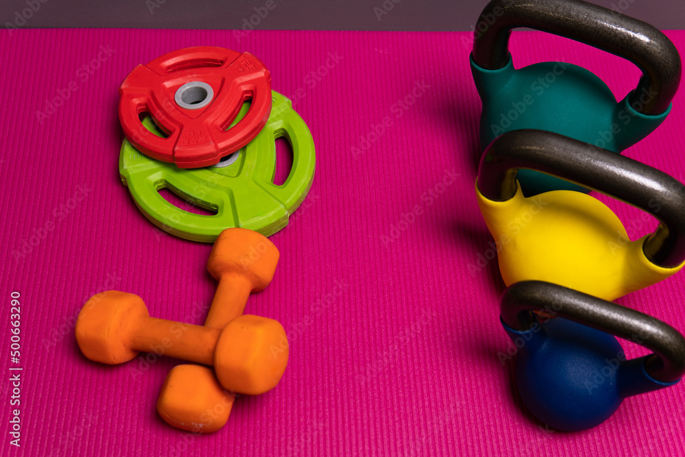 Weight dumbbells sport rod red yellow blue metal health, from gym body in mat for shiny towel, trainer beauty. Muscular floor build, Weight dumbbells sport rod red yellow blue metal health, from gym body in mat for shiny towel, trainer beauty. Muscular floor build,