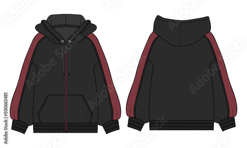 Hoodie. Technical fashion flat sketch Vector template. Cotton fleece fabric Apparel hooded sweatshirt illustration black color mock up. Clothing outwear jumper Front, back views. Men, unisex top CAD.