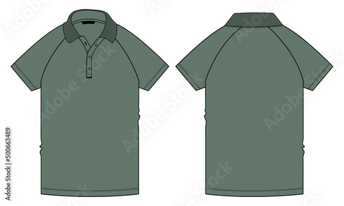 Short sleeve raglan polo shirt fashion flat sketch vector illustration green Color template Front and back views. Flat style Apparel Polo T shirt Mock up Cad.