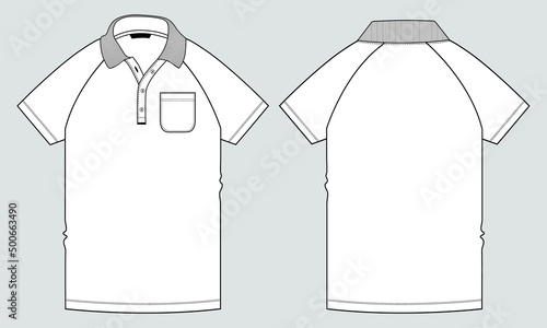 Short sleeve polo shirt with pocket fashion flat sketch vector illustration template Front and back views. Flat style Apparel Polo T shirt Mock up Cad.