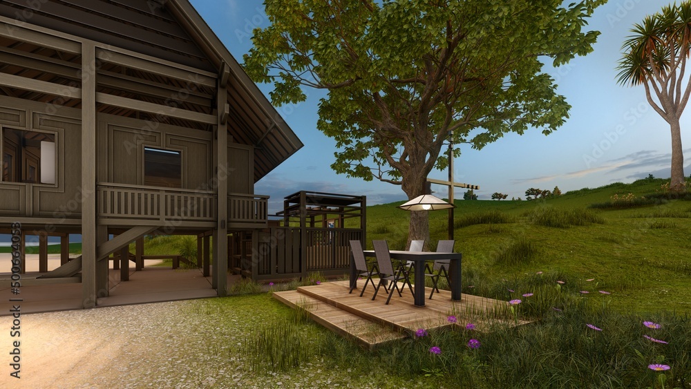 outdoor dinning room in tropical wooden house outdoor dinning room in tropical wooden house