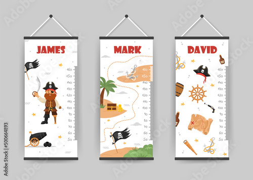 Kids height charts collection. Meter wall with pirate captain, flag and map. Vector illustration in doodle cartoon style. Childish growth chart. Poster template for nursery interior.