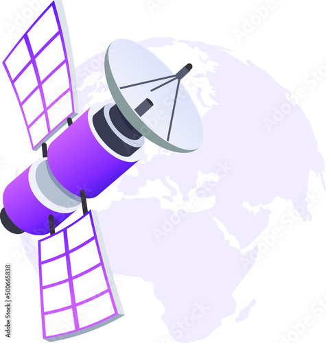 a floating satellite on globe background. World telecommunication day. 3D concept. Colored flat graphic vector illustration isolated on white background.