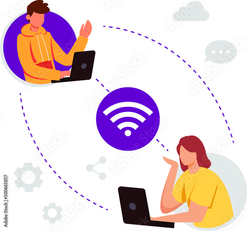 Young students are connecting with laptop. Vector illustration.