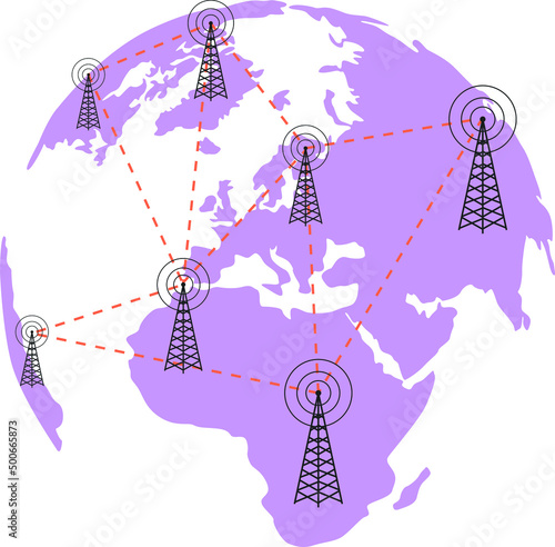 Towers signal on globe. World telecommunication day Colored flat graphic vector illustration isolated on white background.