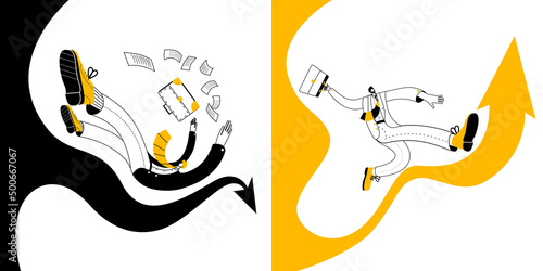 A man in business clothes with a briefcase falls among the documents and runs up the arrow. A set of vector illustrations.