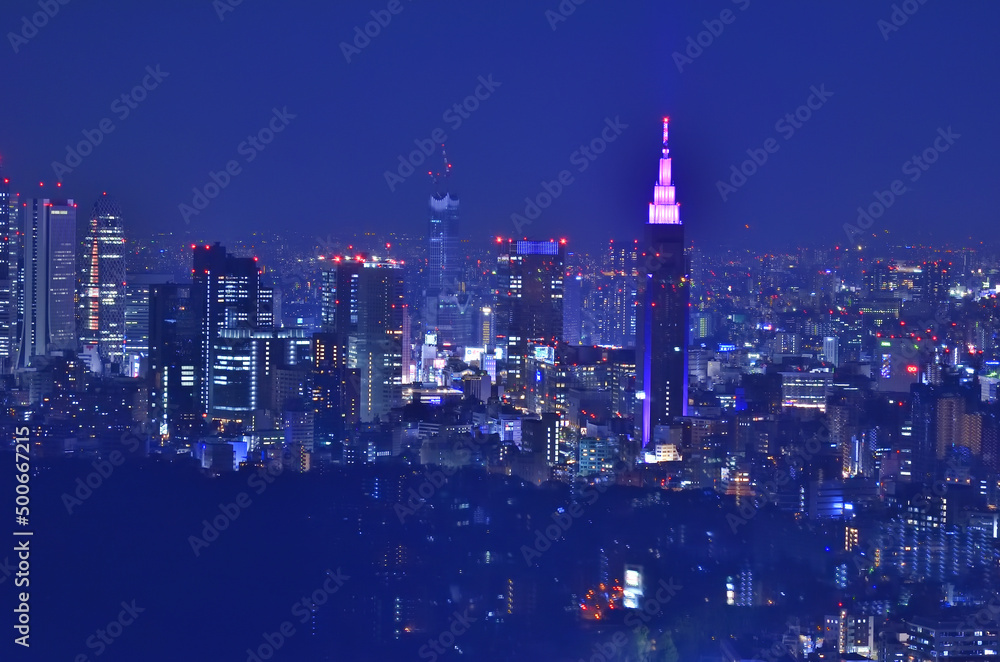 Fototapeta premium 渋谷スクランブルスクエア渋谷スカイの夜景と紫の電飾のドコモタワー