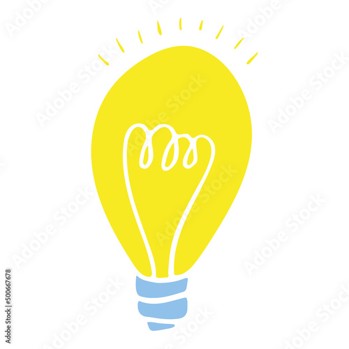 Vector hand drawn colored shining bulb isolated on white background. Illustration in doodle cartoon style for print, logo, icon, emblem, clothes