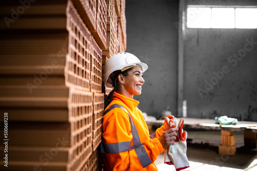 Female factory worker enjoying a break.