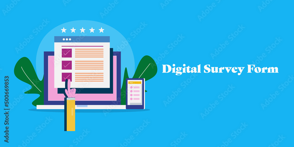 Customer experience, digital survey form, five star rating on web, mobile survey app, conceptual web banner template. Customer experience, digital survey form, five star rating on web, mobile survey app, conceptual web banner template.