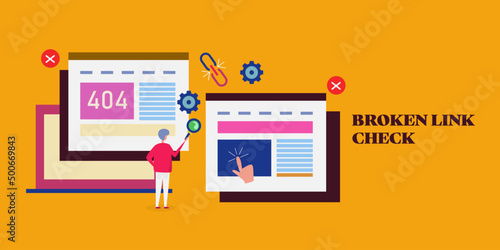 Broken link check, 404 page - conceptual SEO analysis, it expert with magnifying glass, web banner template.