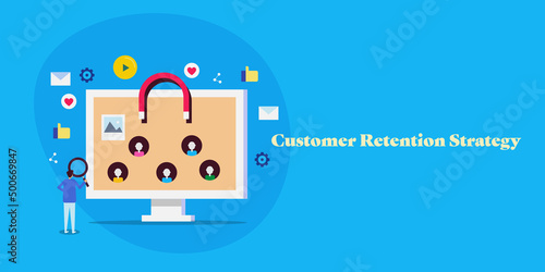 Customer retention strategy, business magnet attracts people, inbound marketing conceptual web banner.