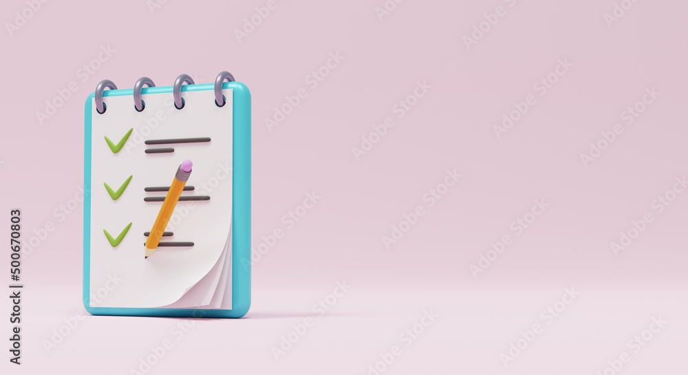 To-do list icon. Notepad with completed to-do list and pencil. 3D rendering - obrazy, fototapety, plakaty 