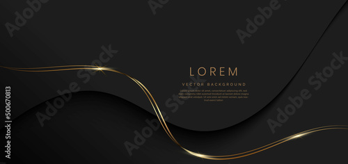 Abstract 3d black background with gold lines curved wavy sparkle with copy space for text. Luxury style template design.