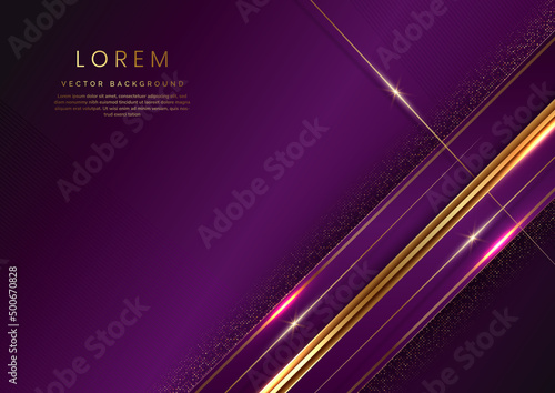 Abstract luxury violet geometric diagonal overlay layer background with golden lines.
