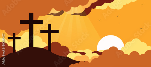 jesus christ crucifix on the mountain where jesus was crucified the sun shines down In Christian conception, forgiveness, glorification of God. Sunlight and Clouds background
