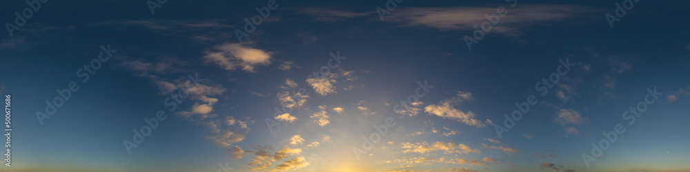 Fototapeta premium Dark blue sunset sky panorama with Cumulus clouds. Seamless hdr pano in spherical equirectangular format. Complete zenith for 3D visualization, game and sky replacement for aerial drone 360 panoramas.
