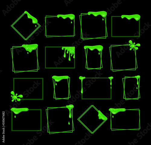  Flowing green slime set of frames. Viscous dripping liquid. Vector cartoon illustration. 