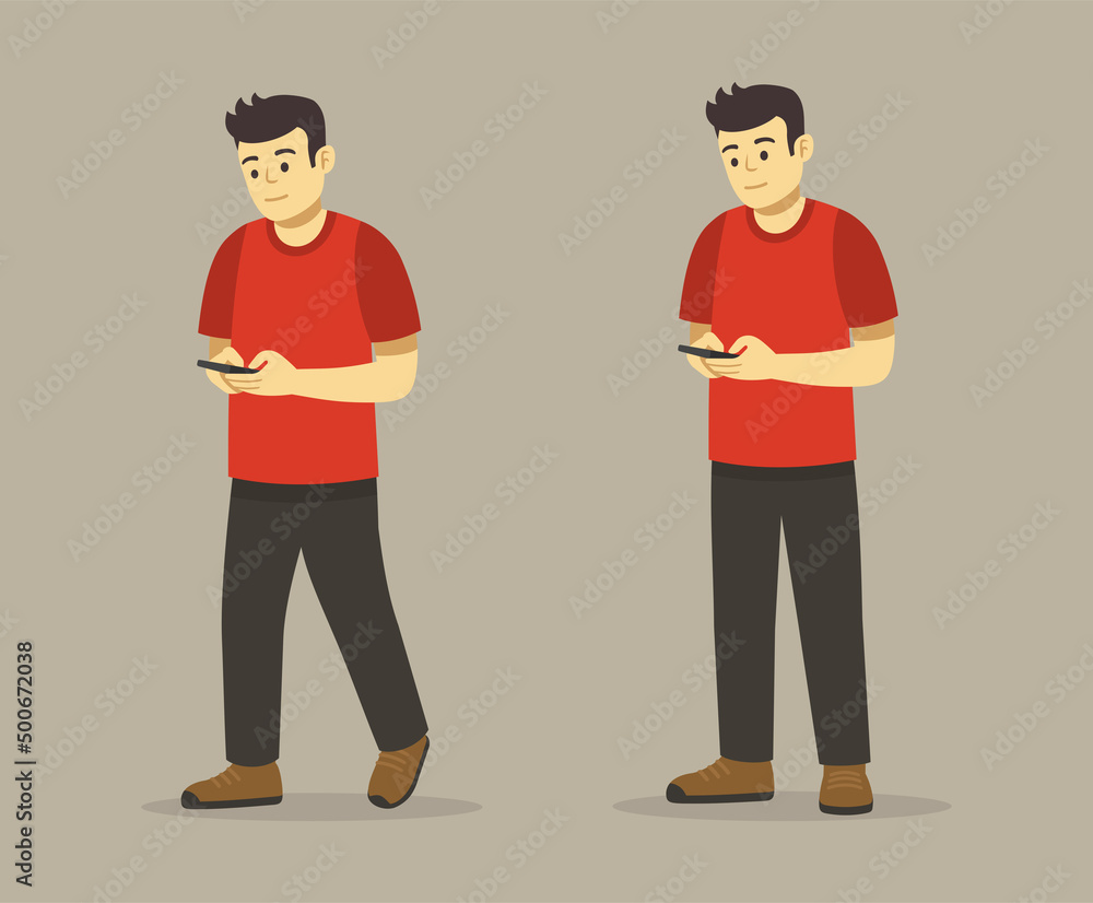 Young man walking or standing while using mobile phone. Front perspective view. Flat vector illustration template. 