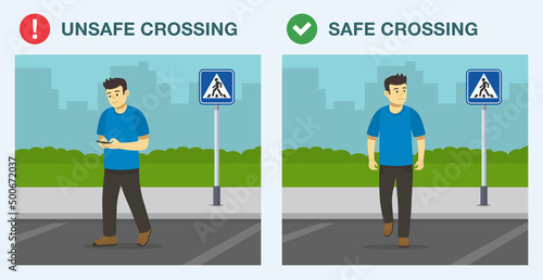 Pedestrian road safety rules. Young male character using mobile phone and crossing the road. Safe and unsafe crossing on crosswalk. Flat vector illustration template.