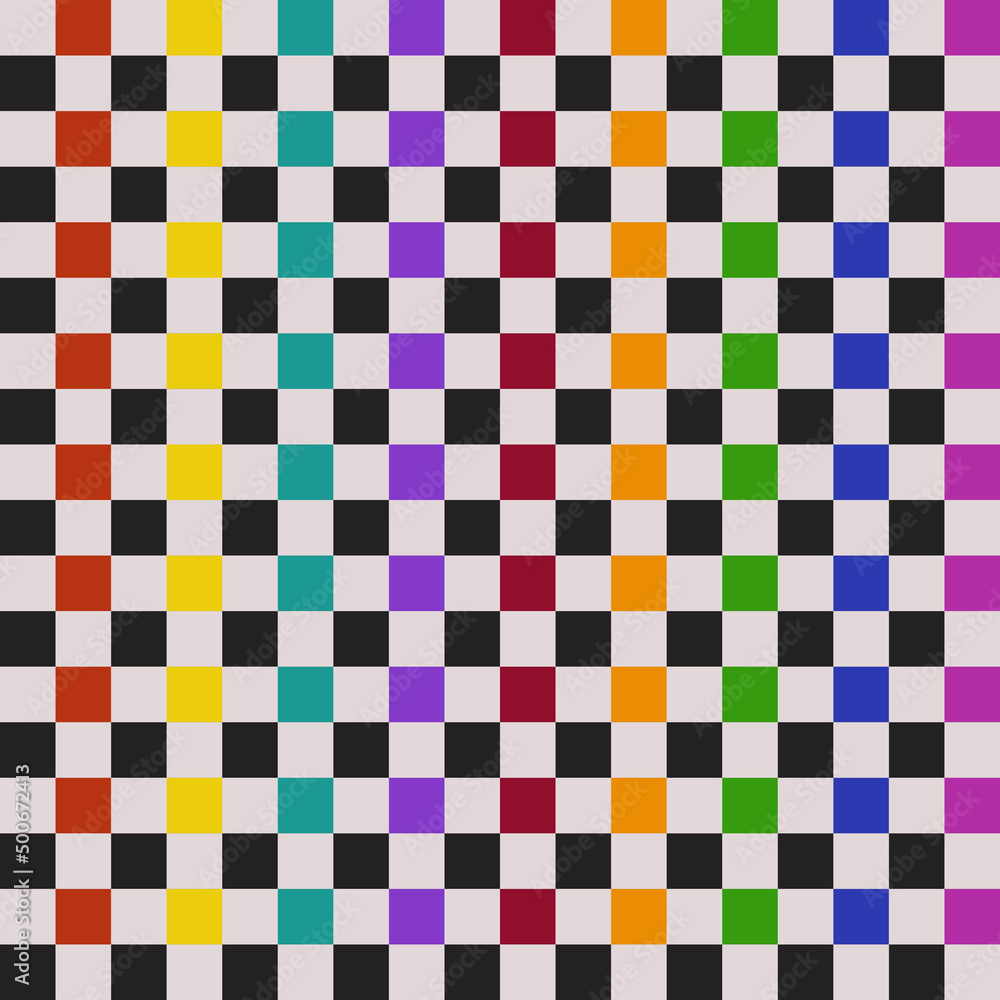 A checkerboard pattern with rainbow colors and black cells. A vector of identical but colored cells. A checkerboard pattern with rainbow colors and black cells. A vector of identical but colored cells.
