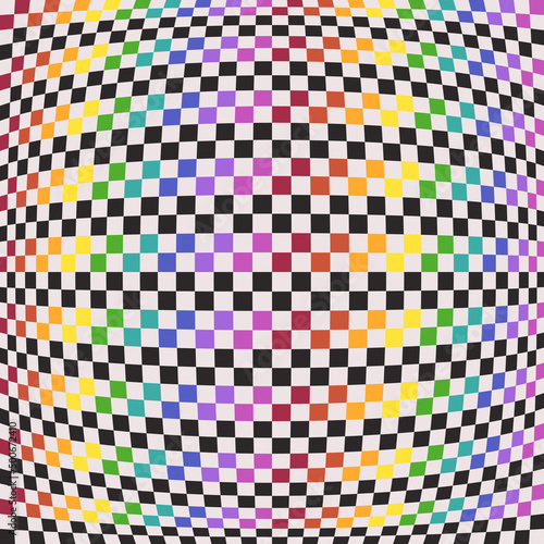 Checkerboard pattern with rainbow colors and black cells. A vector of identical convex canvas.