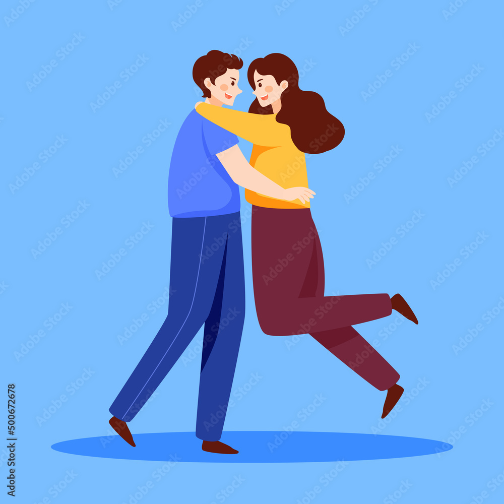 Fototapeta premium Valentine's day lovers hug each other with hearts on the background, vector illustration