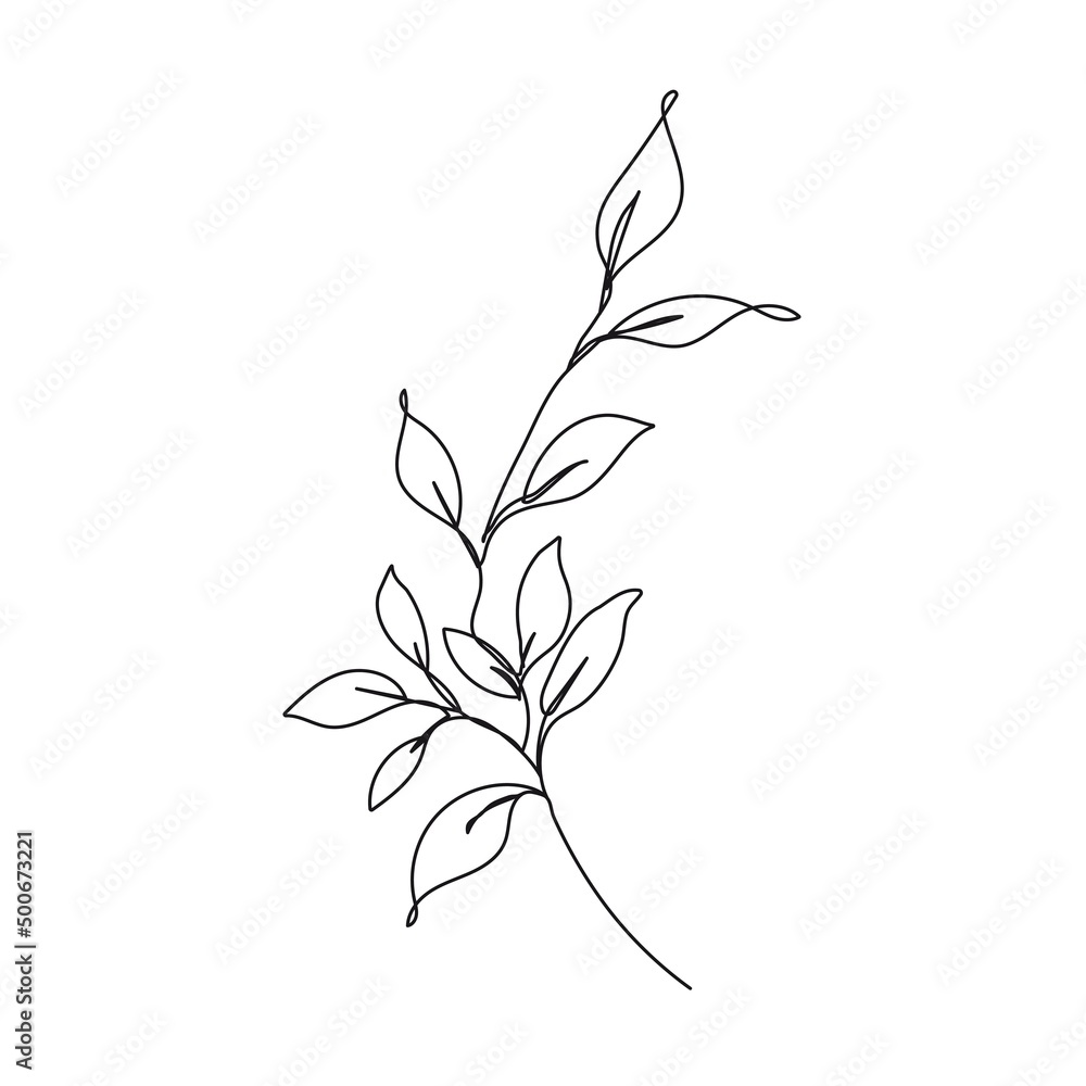 Obraz premium Botanical Line Art Vector Illustration for Prins, Social Media, Icons. Floral Trendy Template Minimalist Style. Abstract Leaves Branch Line Art Hand Drawn Doodle Template.