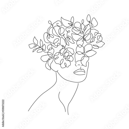 Woman Head of Flowers Line Art Drawing. Flower Head Line Drawing Minimalist Illustration. Female Line Art, Wall Art Sketch Woman, Illustration. Vector EPS 10