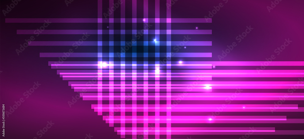 Background neon glowing lines and geometric shapes. Lights in the dark wallpaper for concept of AI technology, blockchain, digital, communication, 5G, science Background neon glowing lines and geometric shapes. Lights in the dark wallpaper for concept of AI technology, blockchain, digital, communication, 5G, science