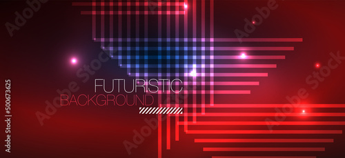 Background neon glowing lines and geometric shapes. Lights in the dark wallpaper for concept of AI technology, blockchain, digital, communication, 5G, science